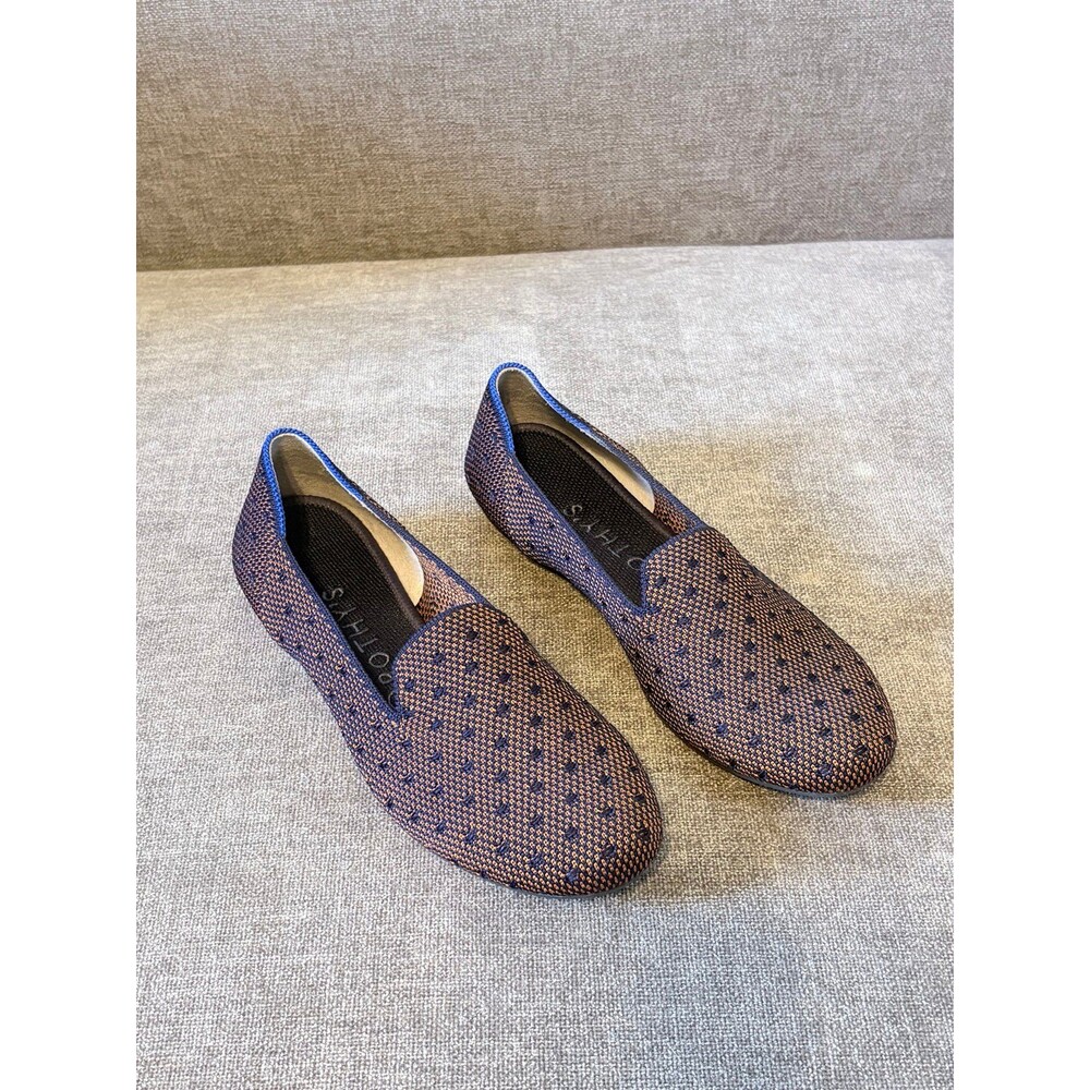Rothys The Loafer Slip on orange/navy blue Sienna dot flats size 8